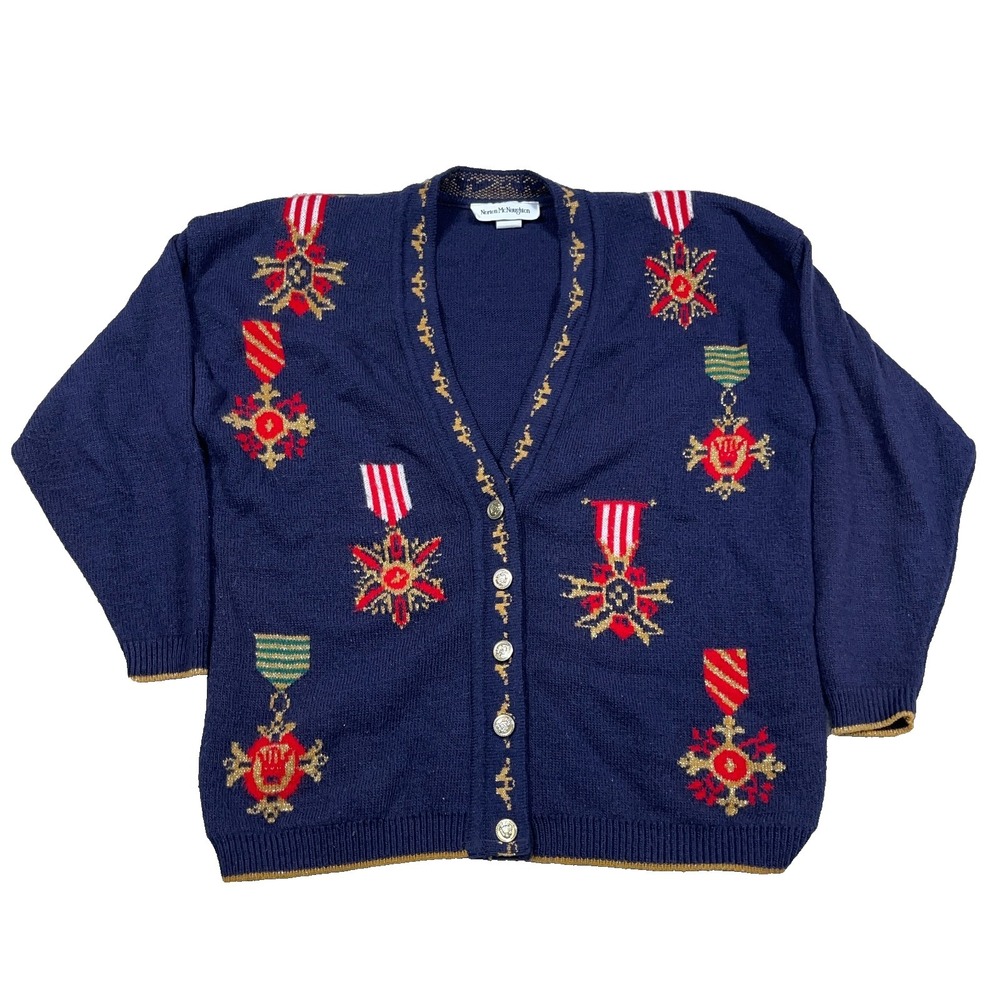 Vintage Norton McNaughton Cardigan Sweater Women Large Navy Medals Equestrian